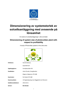 Dimensionering Av Systemstorlek Av Solcellsanläggning Med Avseende På Lönsamhet