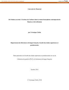 L'écriture De L'enfance Dans Le Roman Francophone Contemporain De Mauric