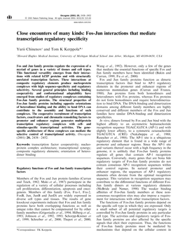 Fos-Jun Interactions That Mediate Transcription Regulatory Speci®City