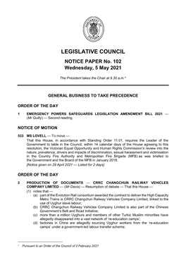 NOTICE PAPER No. 102 Wednesday, 5 May 2021