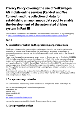 Privacy Policy Covering the Use of Volkswagen AG Mobile Online