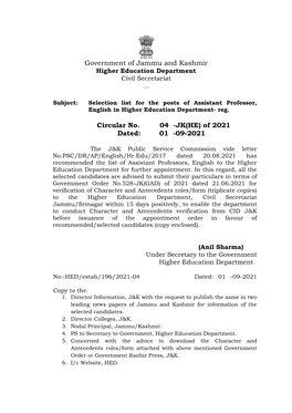 Government of Jammu and Kashmir Circular No. 04 -JK(HE) of 2021