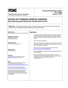 FIL-78-2005 Federal Deposit Insurance Corporation August 9, 2005 550 17Th Street NW, Washington, D.C