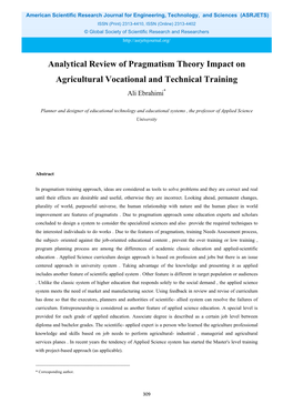 Analytical Review of Pragmatism Theory Impact on Agricultural Vocational and Technical Training Ali Ebrahimi*