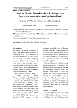 Study on Blennies Fishes (Blenniidae Rafinesque 1810) from Makoran Coastal Waters (Southeast of Iran)