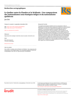 Le Québec Entre La Flandre Et La Wallonie : Une Comparaison Des Nationalismes Sous-Étatiques Belges Et Du Nationalisme Québécois Jan Erk