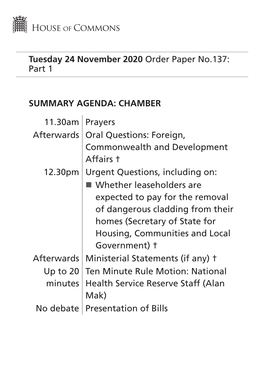 Order Paper for Tue 24 Nov 2020