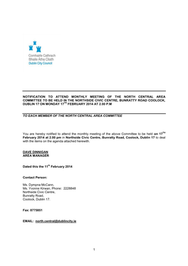 1 Notification to Attend Monthly Meeting of the North Central Area Committee to Be Held in the Northside Civic Centre, Bunratty