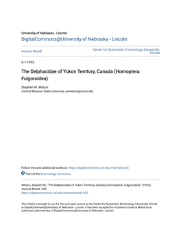 The Delphacidae of Yukon Territory, Canada (Homoptera: Fulgoroidea)