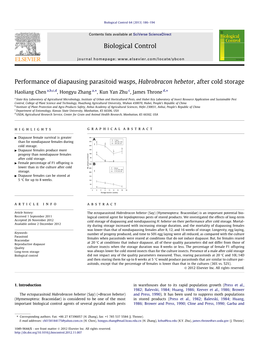 Performance of Diapausing Parasitoid Wasps, Habrobracon Hebetor, After Cold Storage ⇑ ⇑ Haoliang Chen A,B,C,D, Hongyu Zhang A, , Kun Yan Zhu C, James Throne D