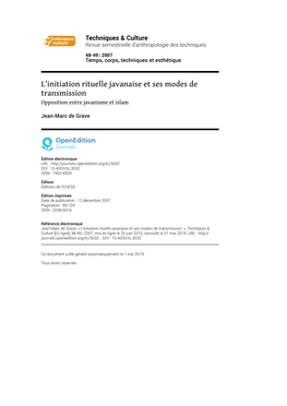 Techniques & Culture, 48-49 | 2007 L’Initiation Rituelle Javanaise Et Ses Modes De Transmission 2