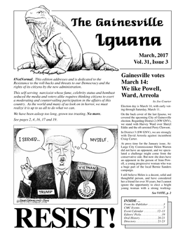 March 2017 Gainesville, Florida March 2017, Iguana Page 3 Our Cynicism Will Not Build a Movement