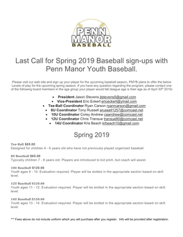 Last Call for Spring 2019 Baseball Sign-Ups with Penn Manor Youth Baseball