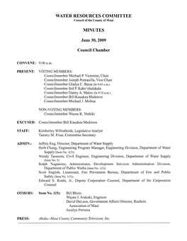 WATER RESOURCES COMMITTEE MINUTES June 30, 2009 Council Chamber