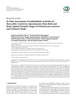 In Vitro Assessment of Anthelmintic Activities of Rauwolfia Vomitoria