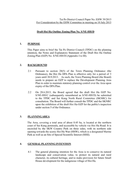 Tai Po District Council Paper No. EHW 39/2013 for Consideration by the EHW Committee in Meeting on 10 July 2013