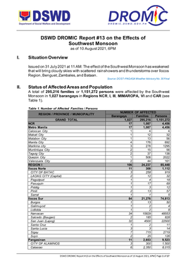 DSWD DROMIC Report #13 on the Effects of Southwest Monsoon As of 10 August 2021, 6PM