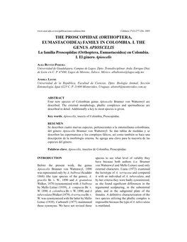 The Proscopiidae (Orthoptera, Eumastacoidea) Family in Colombia