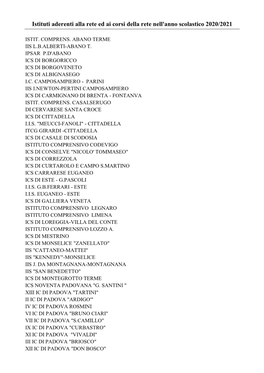 Istituti Aderenti Alla Rete Ed Ai Corsi Della Rete Nell'anno Scolastico 2020/2021