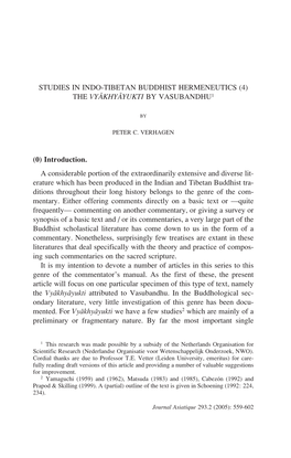 Studies in Indo-Tibetan Buddhist Hermeneutics (4) the Vyakhyayukti by Vasubandhu1