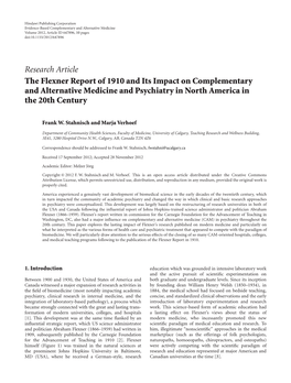 The Flexner Report of 1910 and Its Impact on Complementary and Alternative Medicine and Psychiatry in North America in the 20Th Century