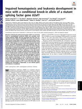 Impaired Hematopoiesis and Leukemia Development in Mice with a Conditional Knock-In Allele of a Mutant Splicing Factor Gene U2af1