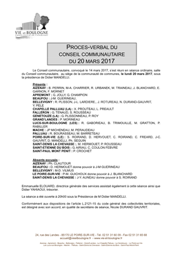 Proces-Verbal Du Conseil Communautaire Du 20 Mars 2017