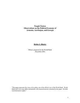 Tough Choices Observations on the Political Economy of Armenia, Azerbaijan, and Georgia