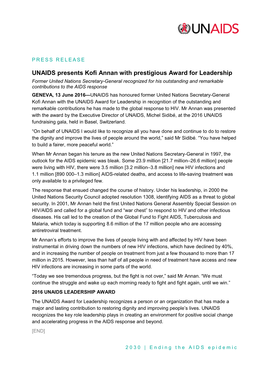 UNAIDS Presents Kofi Annan with Prestigious Award for Leadership