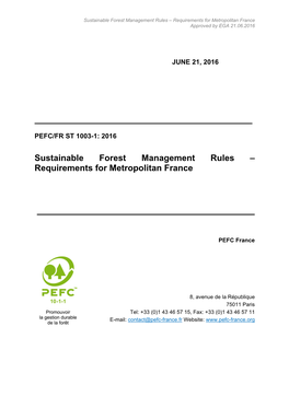 Sustainable Forest Management Rules – Requirements for Metropolitan France Approved by EGA 21.06.2016