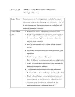 STUDY GUIDE CHAPTER EIGHT—Kinship and Non-Kin Organization