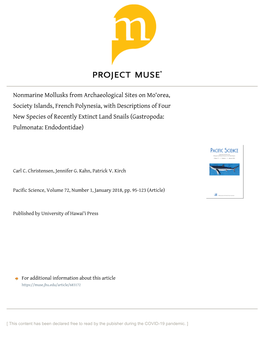 Nonmarine Mollusks from Archaeological Sites on Mo'orea, Society Islands, French Polynesia, with Descriptions of Four New Spec