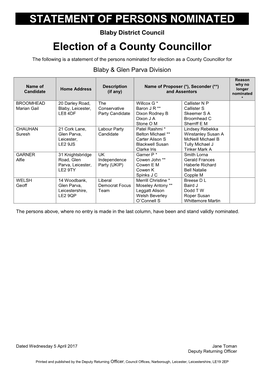 Nominated Candidates for Blaby District