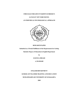 STRUGGLE for LIFE in MARTIN SCORSESE's GANGS of NEW YORK MOVIE: an INDIVIDUAL PSYCHOLOGICAL APPROACH RESEARCH PAPER Submitted