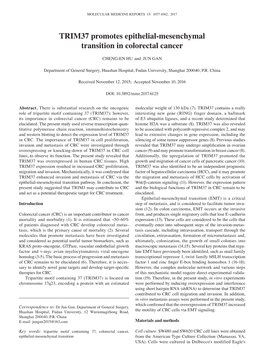 TRIM37 Promotes Epithelial‑Mesenchymal Transition in Colorectal Cancer