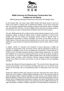 MGM Continues Its Philanthropic Chinese New Year Tradition for the Elderly Offering Spring Cleaning and Haircuts to Seniors for Ten Straight Years