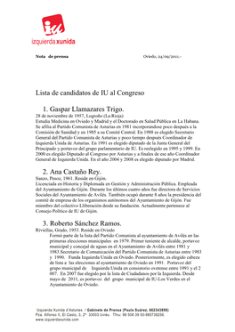 Lista De Candidatos De IU Al Congreso 1. Gaspar Llamazares Trigo. 2