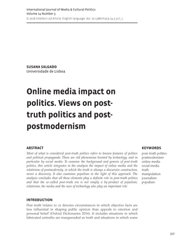 Online Media Impact on Politics. Views on Post-Truth Politics and Post-Postmodernism’, International Journal of Media & Cultural Politics, 14:3, Pp