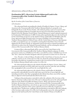 Administration of Barack Obama, 2014 Proclamation 9077—Reserving Certain Submerged Lands in the Commonwealth of the Northern M