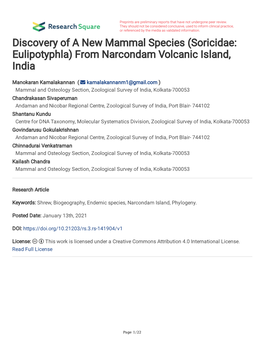 Discovery of a New Mammal Species (Soricidae: Eulipotyphla) from Narcondam Volcanic Island, India