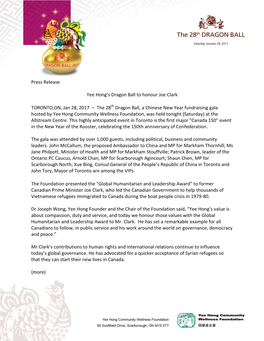 Press Release Yee Hong's Dragon Ball to Honour Joe Clark TORONTO