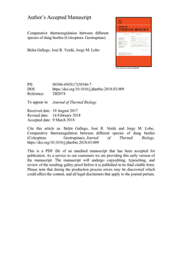 Comparative Thermoregulation Between Different Species of Dung Beetles (Coleoptera: Geotrupinae)