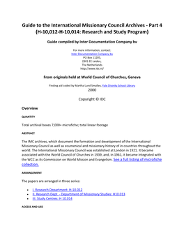 Guide to the International Missionary Council Archives - Part 4 (H-10,012-H-10,014: Research and Study Program)