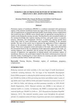 Nursing Care of Premature Rupture of Membranes in Pregnancy: Roy Adaptation Model