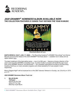 2020 Grammy® Nominees Album Available Now the Collection Features 21 Songs That Defined the Year in Music