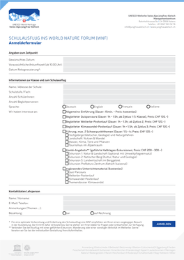 SCHULAUSFLUG INS WORLD NATURE FORUM (WNF) Anmeldeformular