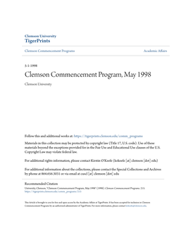 Clemson Commencement Program, May 1998 Clemson University