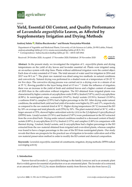 Yield, Essential Oil Content, and Quality Performance of Lavandula Angustifolia Leaves, As Affected by Supplementary Irrigation