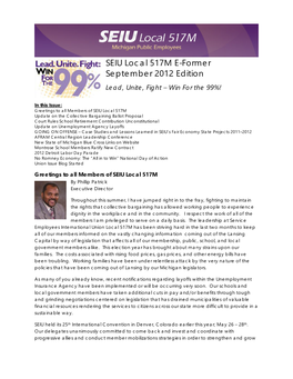 SEIU Local 517M E-Former September 2012 Edition Lead, Unite, Fight – Win for the 99%!