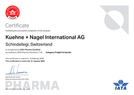 Certificate Kuehne + Nagel International AG